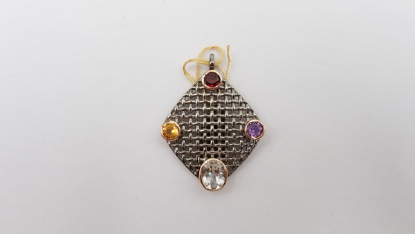 AQUAMARINE WITH MULTI COLOR STONES TWO TONE ( BLACK RHODIUM , GOLD PLATED ) STERLING SILVER PENDANT