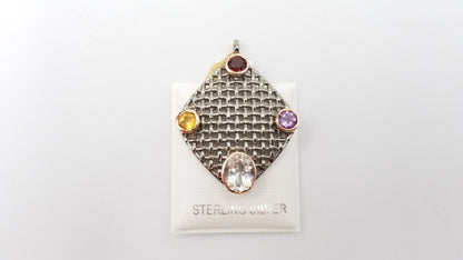 AQUAMARINE WITH MULTI COLOR STONES TWO TONE ( BLACK RHODIUM , GOLD PLATED ) STERLING SILVER PENDANT