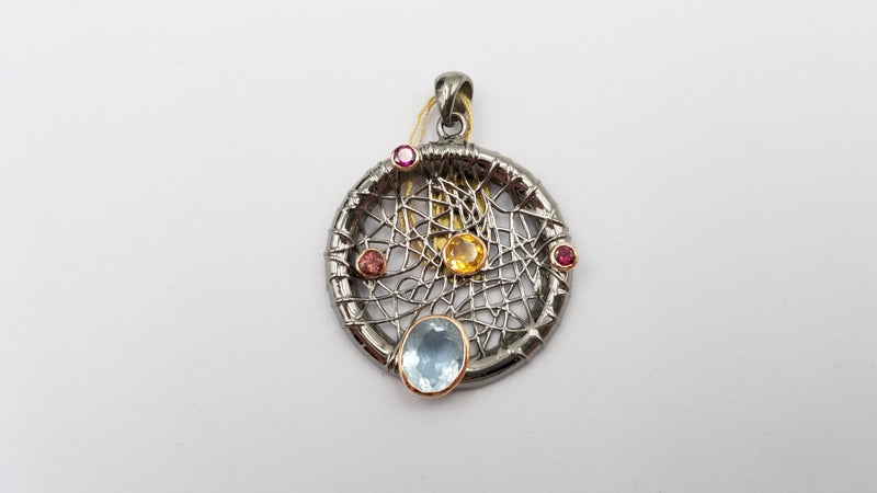 BLUE TOPAZ / CITRINE / RHODOLITE GARNET TWO TONE STERLING SILVER PENDANT