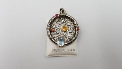 BLUE TOPAZ / CITRINE / RHODOLITE GARNET TWO TONE STERLING SILVER PENDANT