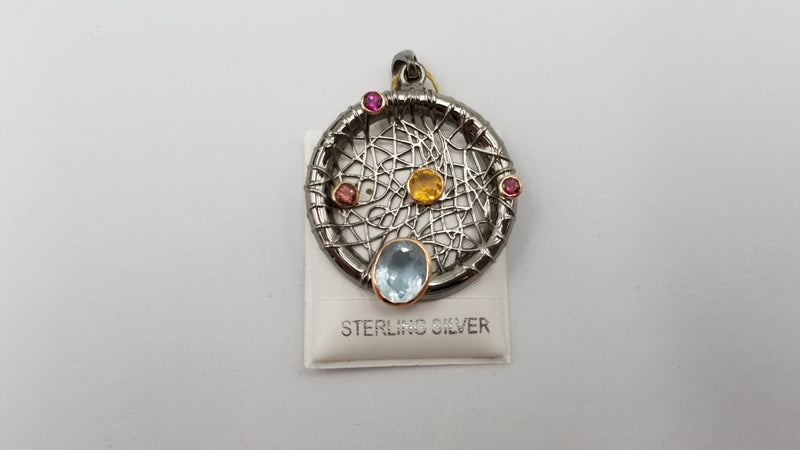 BLUE TOPAZ / CITRINE / RHODOLITE GARNET TWO TONE STERLING SILVER PENDANT