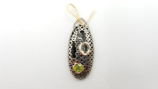 BLUE TOPAZ / PERIDOT TWO TONE ( BLACK RHODIUM AND GOLD PLATED ) STERLING SILVER PENDANT