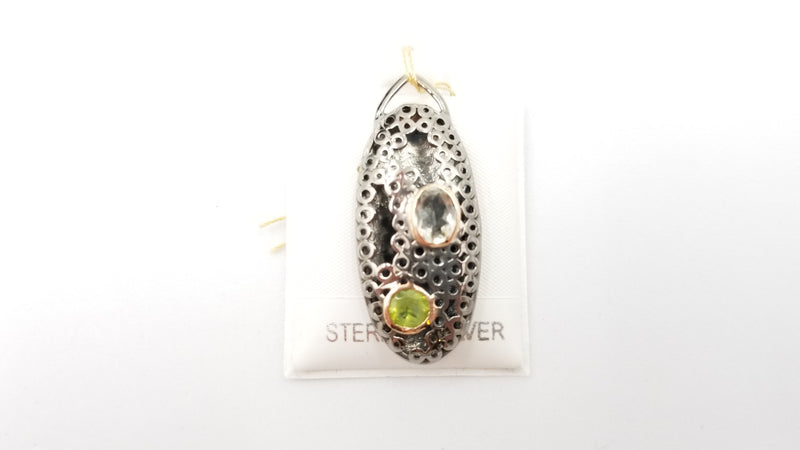 BLUE TOPAZ / PERIDOT TWO TONE ( BLACK RHODIUM AND GOLD PLATED ) STERLING SILVER PENDANT