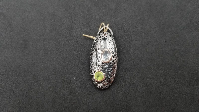 BLUE TOPAZ / PERIDOT TWO TONE ( BLACK RHODIUM AND GOLD PLATED ) STERLING SILVER PENDANT