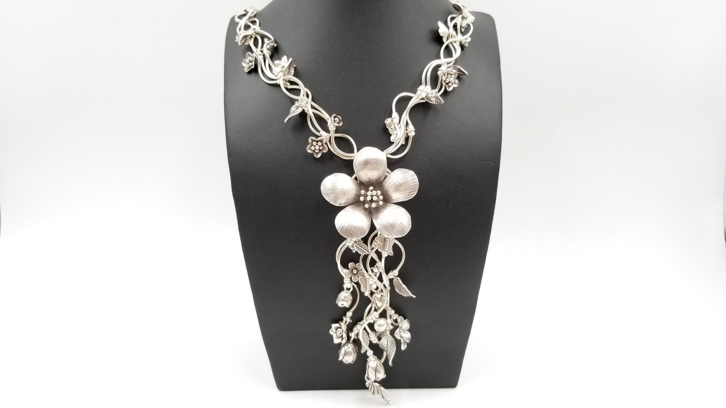 STERLING SILVER 4 LAYERS FLORAL SPECIAL DESIGNS CHARMS NECKLACE