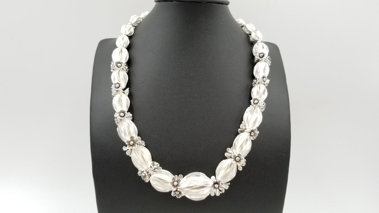 STERLING SILVER SPECIAL DESIGNS MATT FINISHED LARGE BEADS W/ FLORAL BEADS NECKLACE