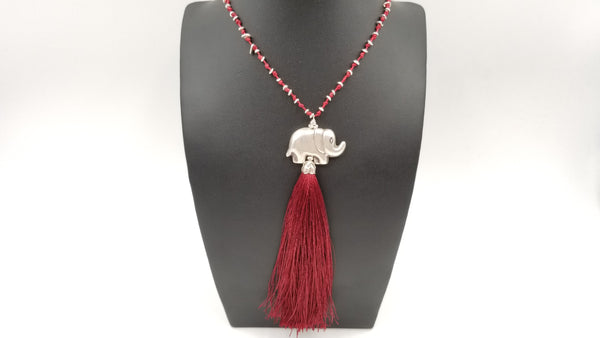 STERLING SILVER SPECIAL DESIGNS ELEPHANT CHARM RED SILK NECKLACE
