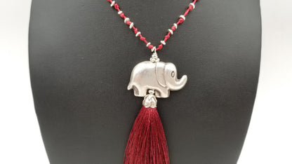 STERLING SILVER SPECIAL DESIGNS ELEPHANT CHARM RED SILK NECKLACE