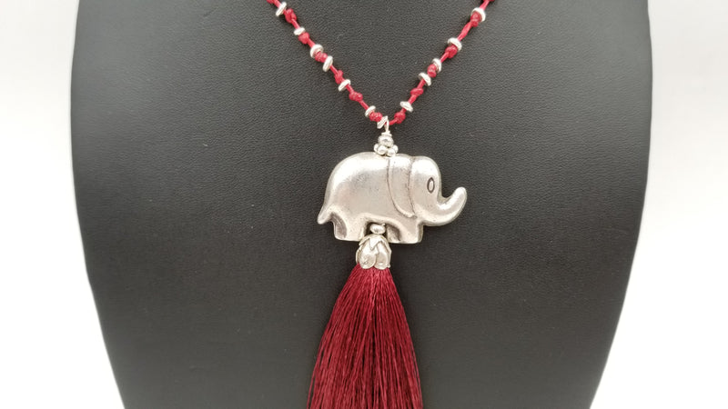 STERLING SILVER SPECIAL DESIGNS ELEPHANT CHARM RED SILK NECKLACE