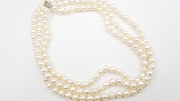 CLASSIC FRESHWATER CULTURE PEARL 7.5-8 MM STERLING SILVER CLASP TRIPLE NECKLACE