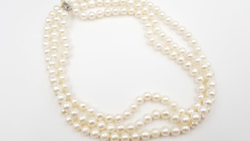 CLASSIC FRESHWATER CULTURE PEARL 7.5-8 MM STERLING SILVER CLASP TRIPLE NECKLACE