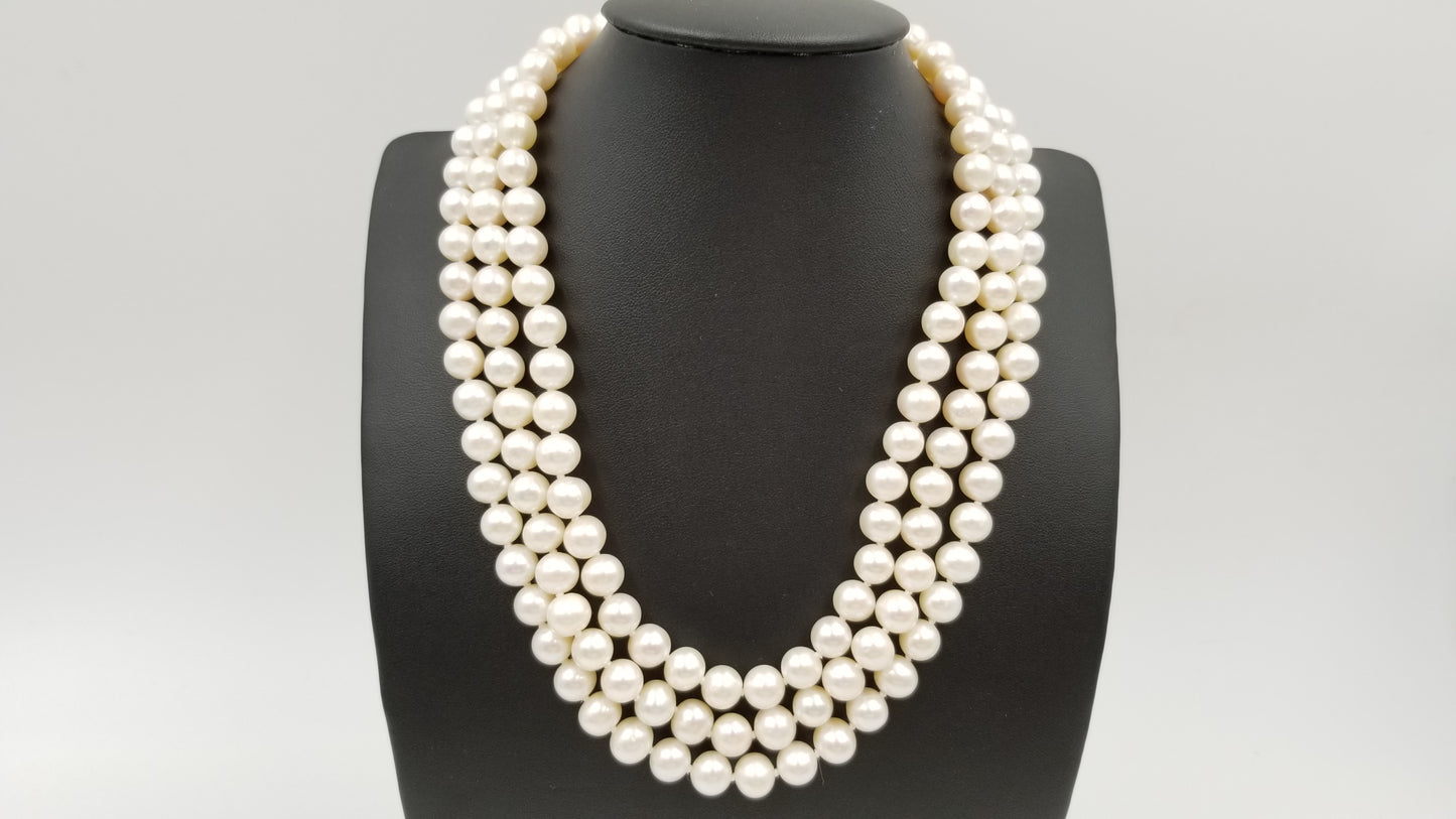 CLASSIC FRESHWATER CULTURE PEARL 8-8.5MM STERLING SILVER CLASP TRIPLE NECKLACE