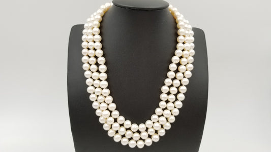 CLASSIC FRESHWATER CULTURE PEARL 8-8.5MM STERLING SILVER CLASP TRIPLE NECKLACE