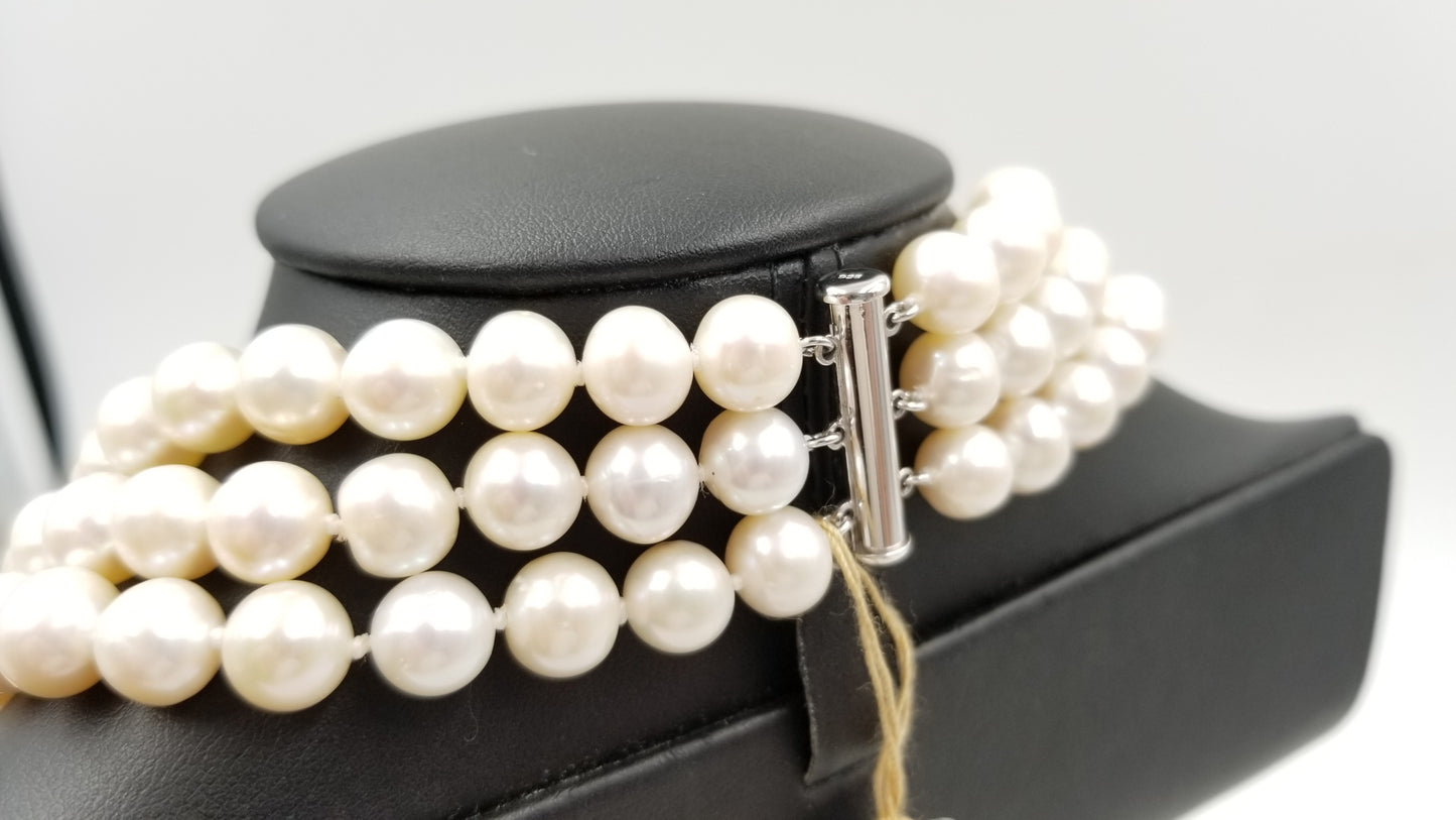 CLASSIC FRESHWATER CULTURE PEARL 8-8.5MM STERLING SILVER CLASP TRIPLE NECKLACE