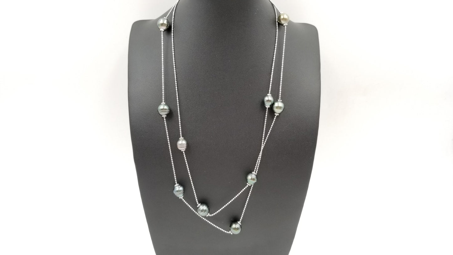 TAHITIAN BLACK BAROQUE PEARLS STERLING SILVER SLIDING 39 " NECKLACE