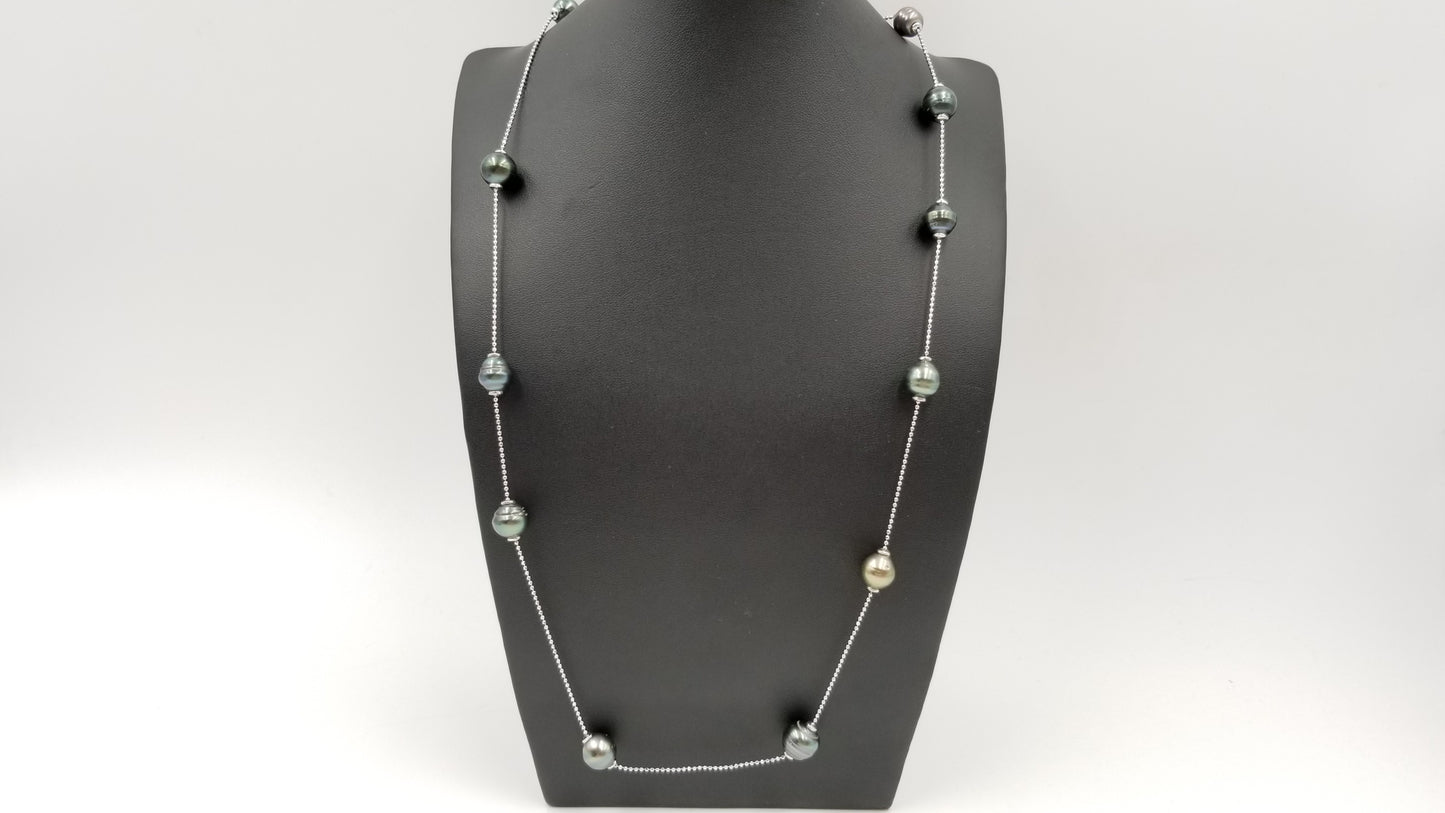 TAHITIAN BLACK BAROQUE PEARLS STERLING SILVER SLIDING 39 " NECKLACE
