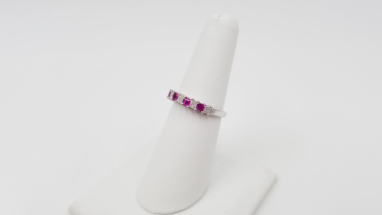 PINK SAPPHIRES WITH DIAMONDS ( SQUARE ) 14 KT WHITE GOLD BAND