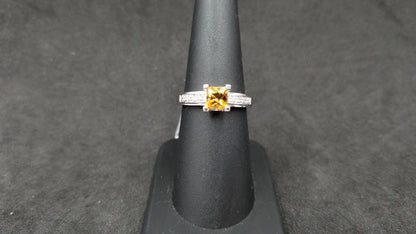 CITRINE ( SQUARE ) WITH DIAMONDS 14 KT WHITE GOLD RING