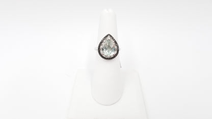 GREEN AMETHYST ( PEAR SHAPE ) WITH BLACK DIAMONDS 14 KT WHITE GOLD RING
