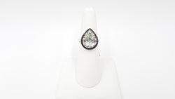 GREEN AMETHYST ( PEAR SHAPE ) WITH BLACK DIAMONDS 14 KT WHITE GOLD RING