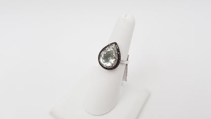 GREEN AMETHYST ( PEAR SHAPE ) WITH BLACK DIAMONDS 14 KT WHITE GOLD RING