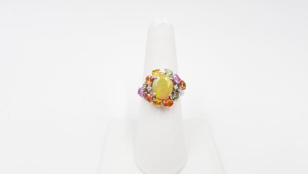 OPAL ( ETHEOPIAN ) WITH MULTI COLORED SAPPHIRES AND DIAMONDS 14 KT WHITE GOLD RING