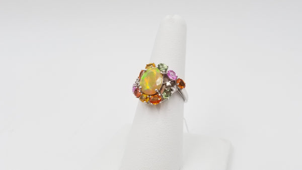 OPAL ( ETHEOPIAN ) WITH MULTI COLORED SAPPHIRES AND DIAMONDS 14 KT WHITE GOLD RING