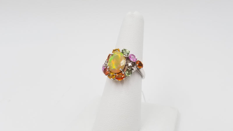 OPAL ( ETHEOPIAN ) WITH MULTI COLORED SAPPHIRES AND DIAMONDS 14 KT WHITE GOLD RING