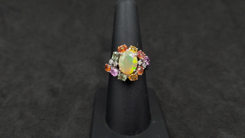 OPAL ( ETHEOPIAN ) WITH MULTI COLORED SAPPHIRES AND DIAMONDS 14 KT WHITE GOLD RING