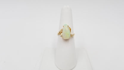 OPAL ( AUSTRALIA ) FREEFORM STYLE WITH DIAMONDS 14 KT YELLOW GOLD RING