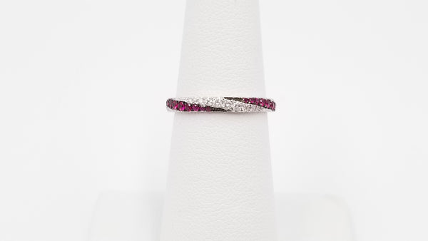 RUBY WITH DIAMONDS PAVE SET 14 KT WHITE GOLD ETERNITY BAND