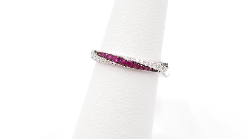 RUBY WITH DIAMONDS PAVE SET 14 KT WHITE GOLD ETERNITY BAND