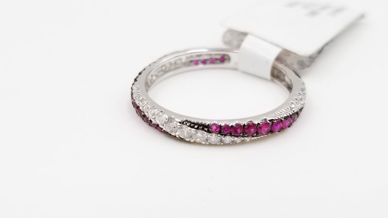 RUBY WITH DIAMONDS PAVE SET 14 KT WHITE GOLD ETERNITY BAND