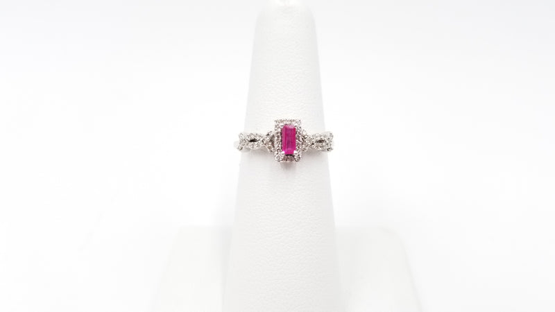 RUBY ( SQUARE ) WITH DIAMONDS 14 KT WHITE GOLD RING