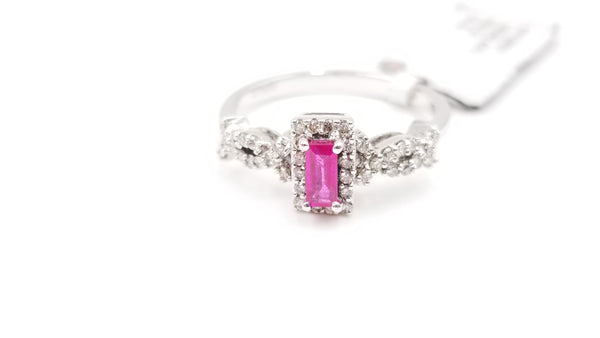 RUBY ( SQUARE ) WITH DIAMONDS 14 KT WHITE GOLD RING