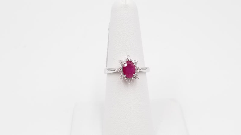 RUBY WITH DIAMONDS 14 KT WHITE GOLD RING