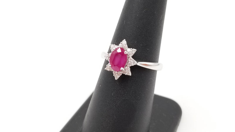 RUBY WITH DIAMONDS 14 KT WHITE GOLD RING