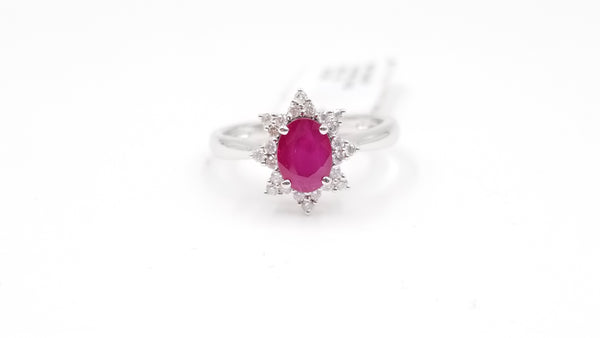 RUBY WITH DIAMONDS 14 KT WHITE GOLD RING