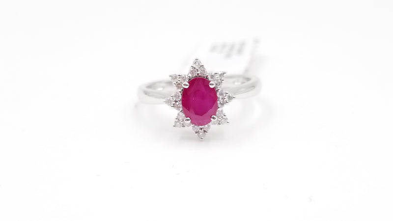 RUBY WITH DIAMONDS 14 KT WHITE GOLD RING