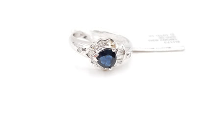 SAPPHIRE ( PEAR SHAPE ) WITH BAGUETTE DIAMONDS 18 KT WHITE GOLD RING