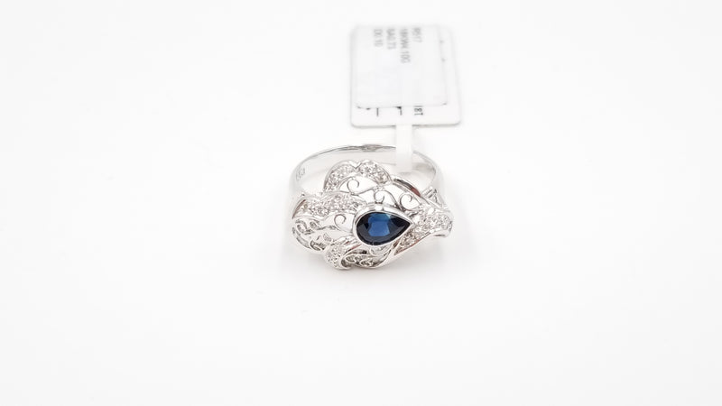 SAPPHIRE ( PEAR SHAPE ) BEZEL SET WITH DIAMONDS 18 KT WHITE GOLD RING