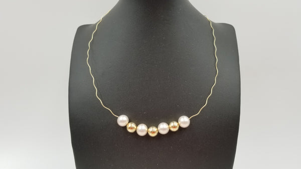 18 KT YELLOW GOLD CURLY WIRE WITH AAA FRESHWATER PINK PEARL AND GOLD BEAD NECKLACE