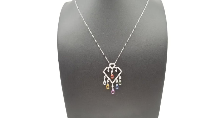 MULTI COLORED SAPPHIRES ( BRIOLETTE CUT ) WITH DIAMONDS 18 KT WHITE GOLD NECKLACE