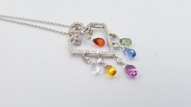 MULTI COLORED SAPPHIRES ( BRIOLETTE CUT ) WITH DIAMONDS 18 KT WHITE GOLD NECKLACE