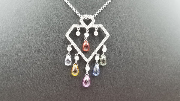 MULTI COLORED SAPPHIRES ( BRIOLETTE CUT ) WITH DIAMONDS 18 KT WHITE GOLD NECKLACE