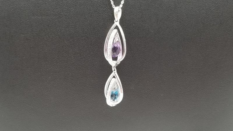 BLUE TOPAZ / AMETHYST ( BRIOLETTE CUT ) WITH DIAMONDS 14 KT WHITE GOLD DANGLE NECKLACE