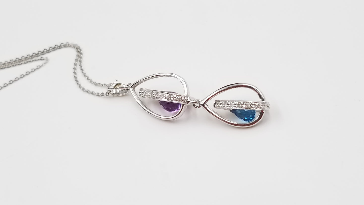 BLUE TOPAZ / AMETHYST ( BRIOLETTE CUT ) WITH DIAMONDS 14 KT WHITE GOLD DANGLE NECKLACE