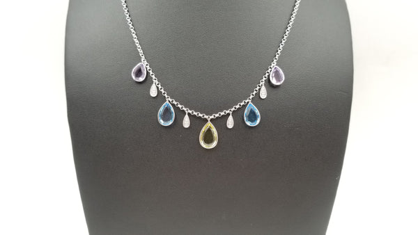 MULTI COLORED STONES ( BLUE TOPAZ / AMETHYST / CITRINE ) WITH DIAMONDS 14 KT WHITE GOLD NECKLACE