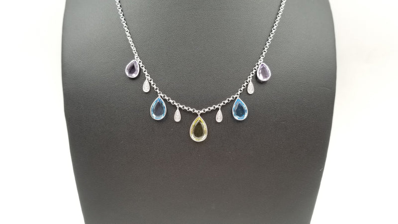 MULTI COLORED STONES ( BLUE TOPAZ / AMETHYST / CITRINE ) WITH DIAMONDS 14 KT WHITE GOLD NECKLACE