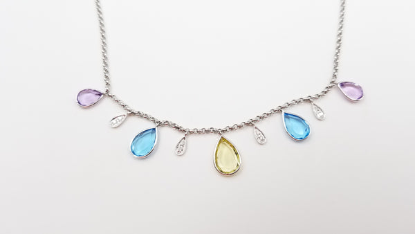 MULTI COLORED STONES ( BLUE TOPAZ / AMETHYST / CITRINE ) WITH DIAMONDS 14 KT WHITE GOLD NECKLACE